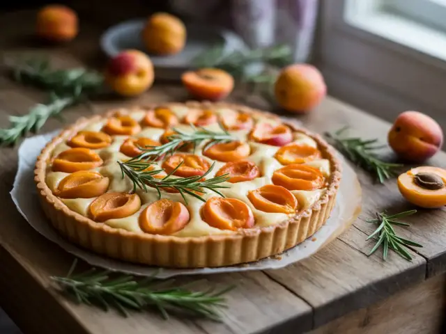 Tarte aux abricots ornée de brins de romarin, posée sur une table en bois avec des abricots frais autour.
