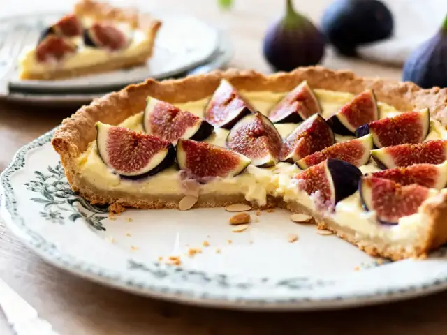 Tarte aux figues de ma grand-mère fraîchement préparée sur assiette décorative avec amandes effilées