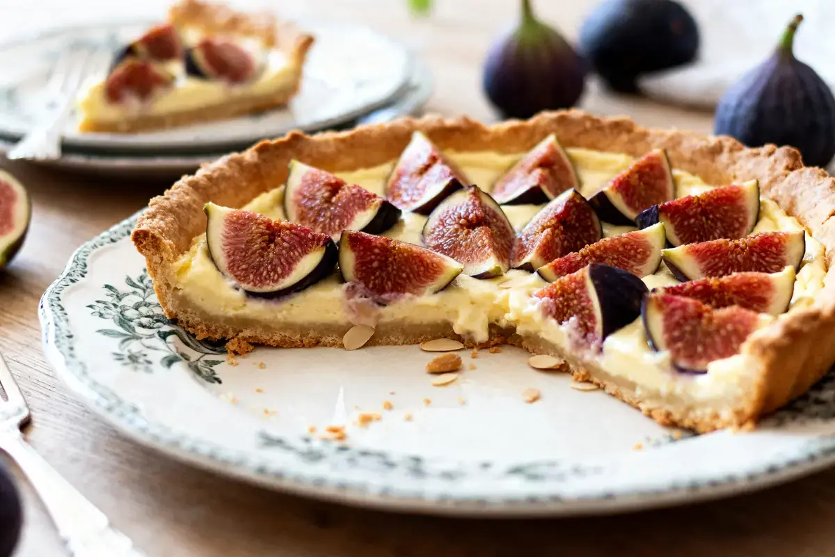 Tarte aux figues de ma grand-mère fraîchement préparée sur assiette décorative avec amandes effilées