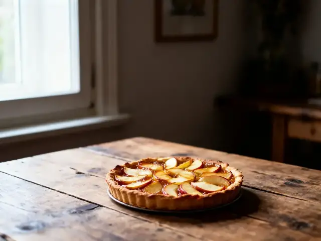 Tarte aux pommes sur table en bois près d'une fenêtre lumineuse dans une cuisine rustique.