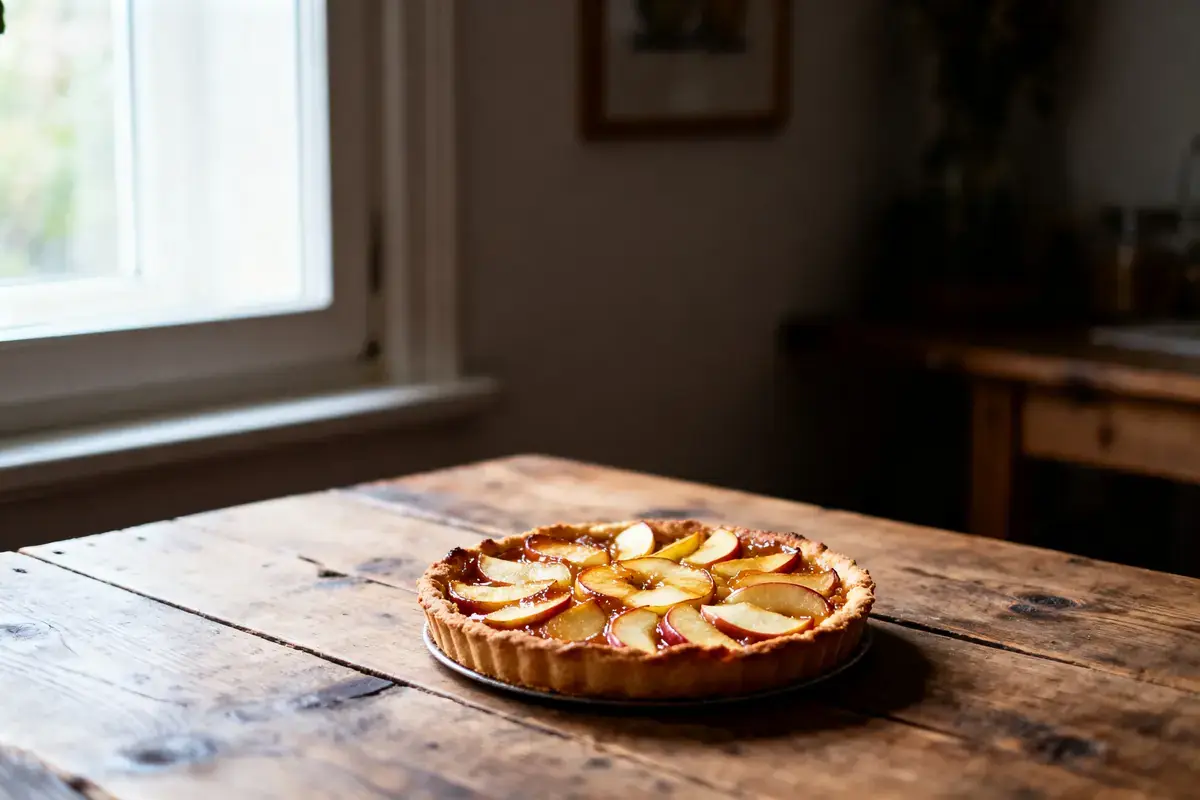 Tarte aux pommes sur table en bois près d'une fenêtre lumineuse dans une cuisine rustique.