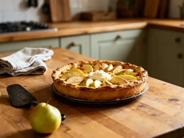 Tarte aux pommes sur table en bois, cuisine rustique, torchon et pelle à tarte, deux poires à côté.