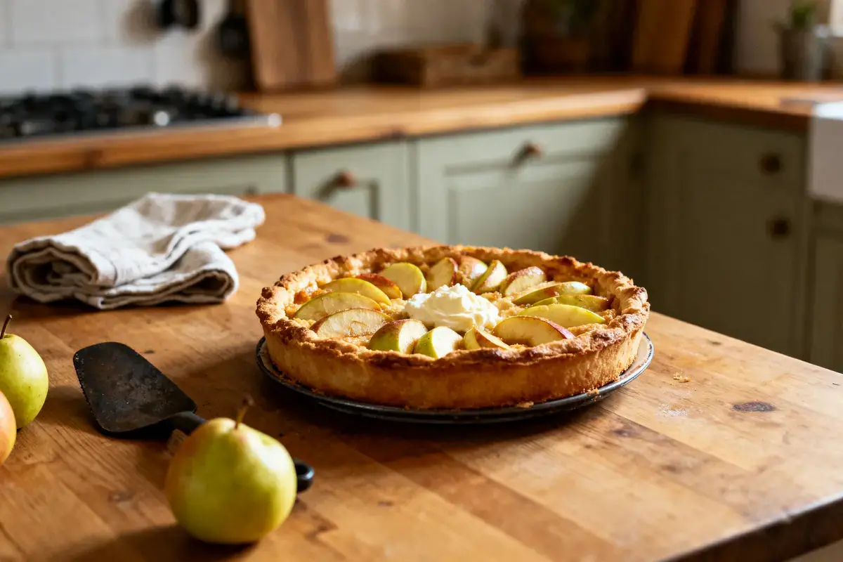 Tarte aux pommes sur table en bois, cuisine rustique, torchon et pelle à tarte, deux poires à côté.