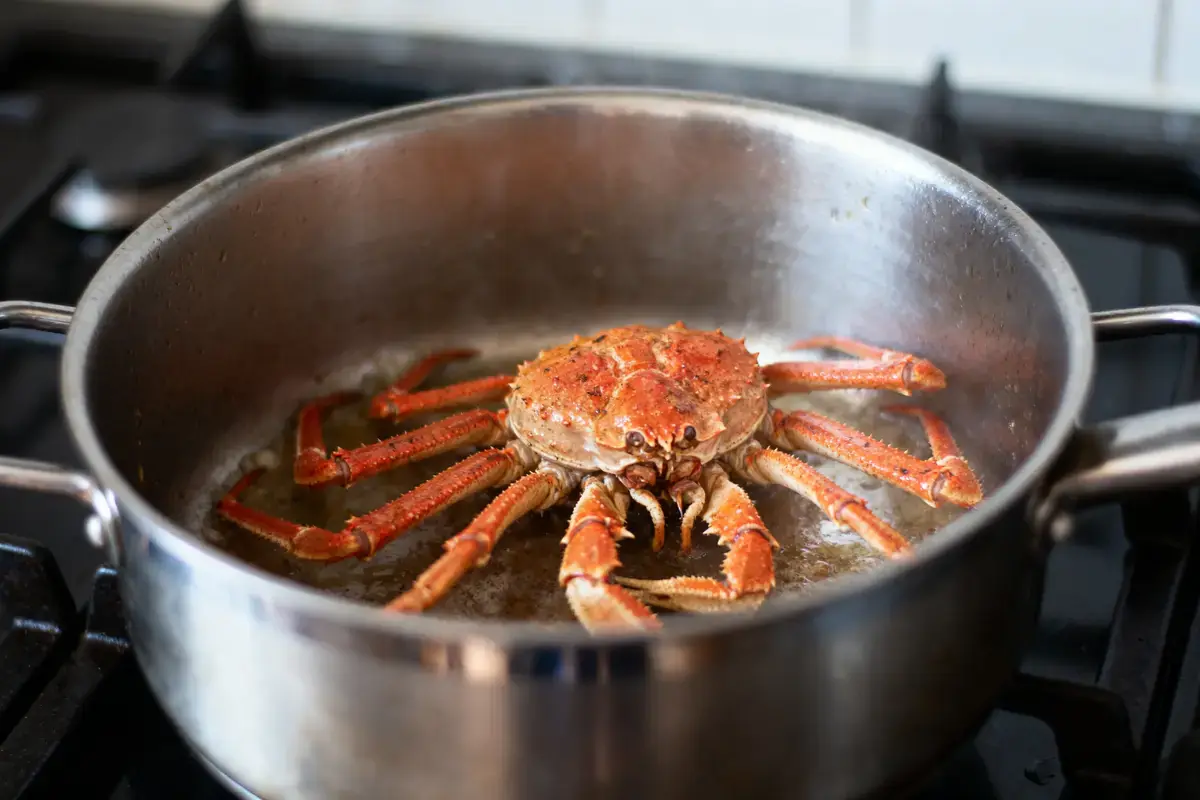 Crabe rouge dans une casserole en acier inoxydable, cuisson sur plaque de cuisson.