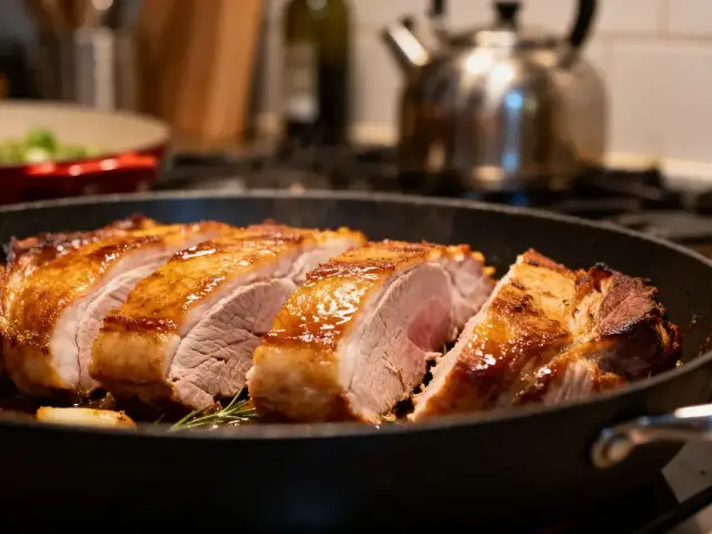 Tranches de porc doré dans poêle, illustrant le temps de cuisson de travers de porc au four