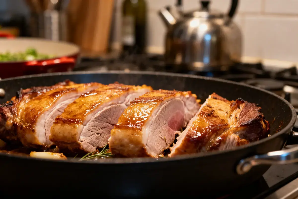 Tranches de porc dorĂ© dans poĂȘle, illustrant le temps de cuisson de travers de porc au four