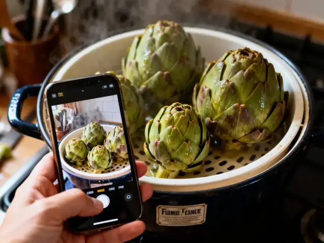 Main tenant un smartphone photographiant des artichauts à la vapeur dans une marmite sur une cuisinière.