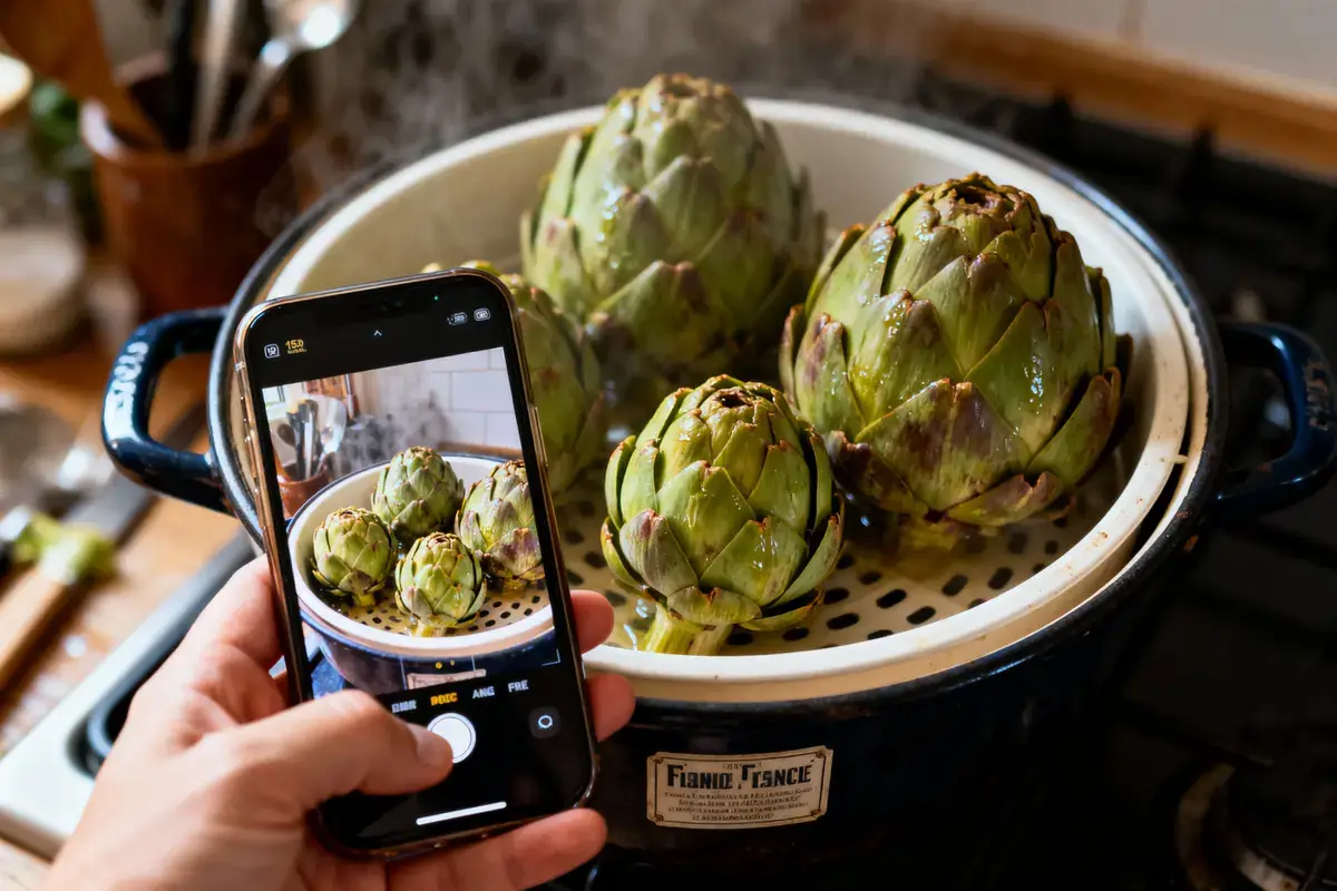 Main tenant un smartphone photographiant des artichauts à la vapeur dans une marmite sur une cuisinière.