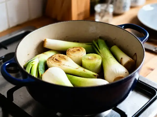 Poireaux froids dans une cocotte sur cuisinière indiquant le temps de cuisson des poireaux
