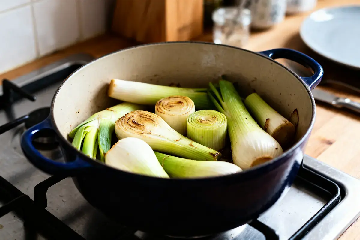 Poireaux froids dans une cocotte sur cuisinière indiquant le temps de cuisson des poireaux