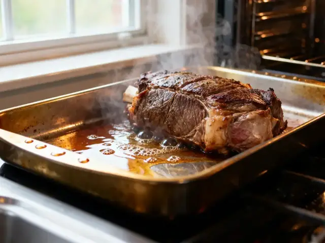 Rôti de viande juteux dans un plat de cuisson doré, dégageant de la vapeur, près d'une fenêtre.