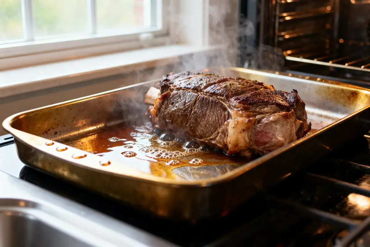 Rôti de viande juteux dans un plat de cuisson doré, dégageant de la vapeur, près d'une fenêtre.