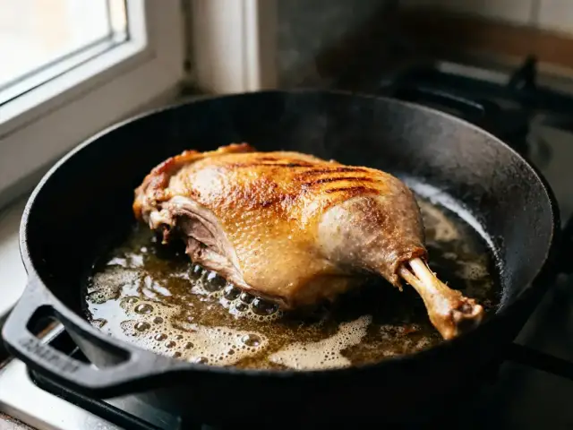 Cuisson d'une cuisse de canard dorée dans une cocotte en fonte sur gazinière.
