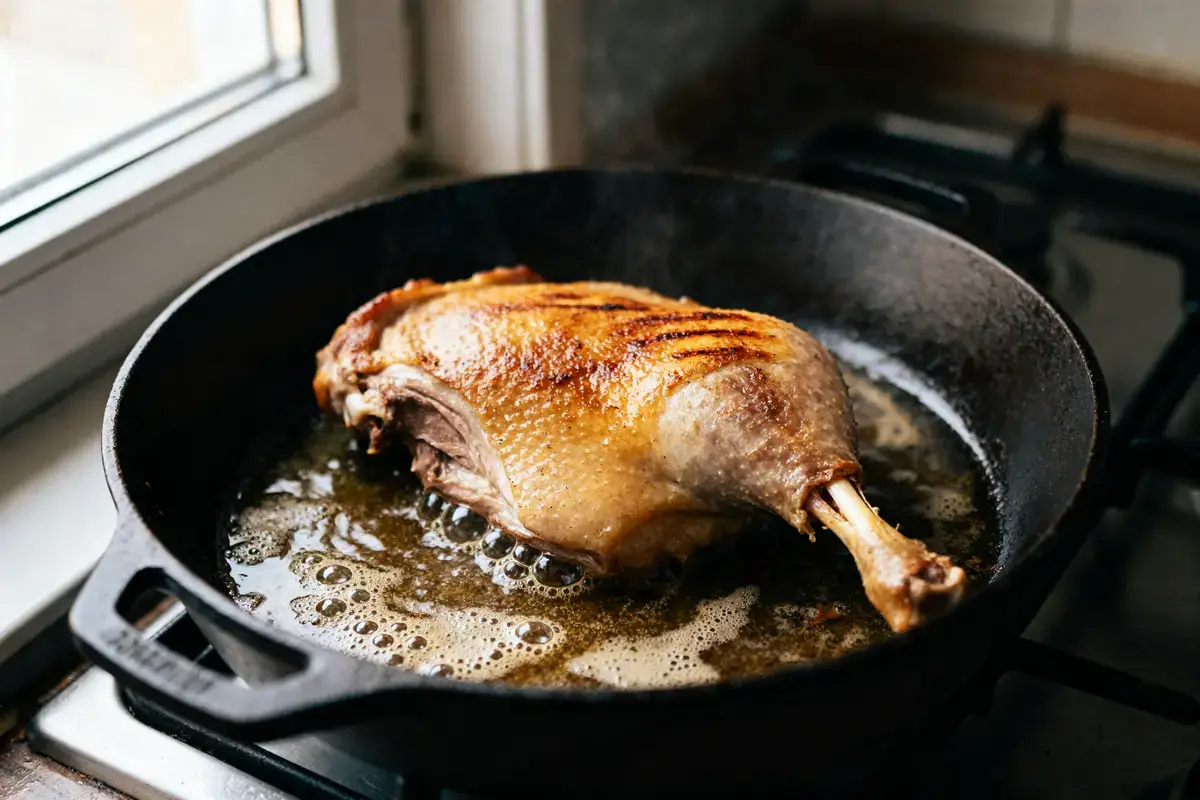 Cuisson d'une cuisse de canard dorée dans une cocotte en fonte sur gazinière.