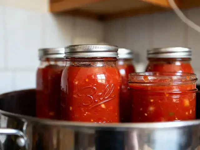 Bocaux de sauce tomate stérilisés dans une marmite indiquant le temps de stérilisation optimal