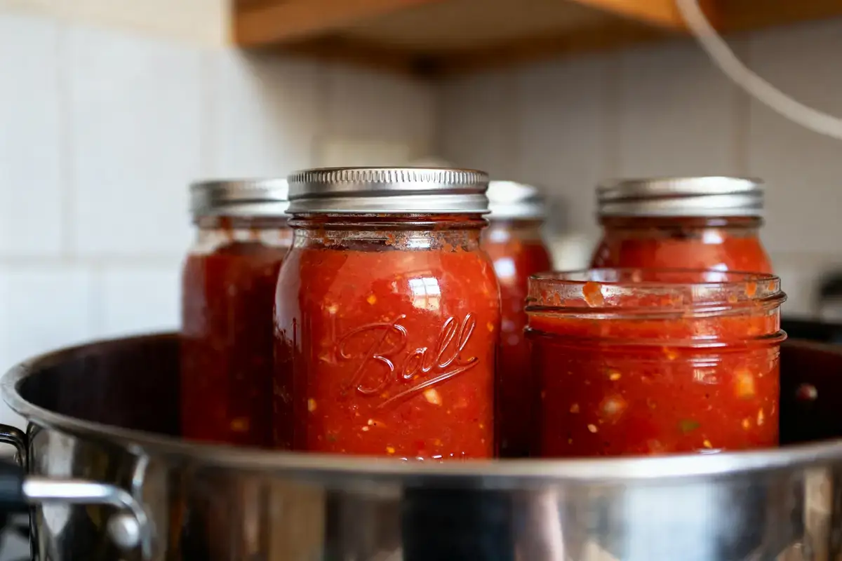 Bocaux de sauce tomate stérilisés dans une marmite indiquant le temps de stérilisation optimal