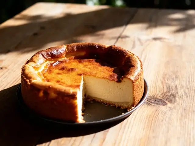 Part de véritable far breton nature présentée sur une table en bois éclairée par le soleil