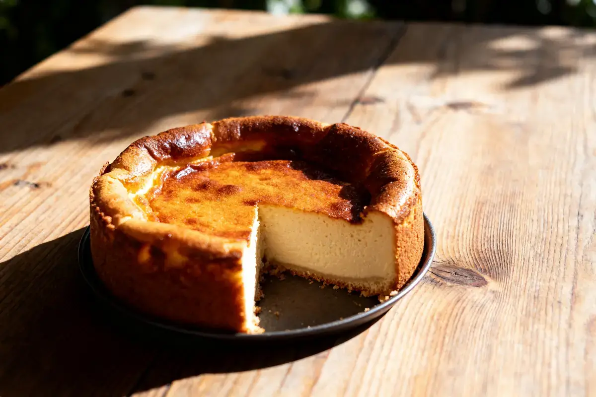 Part de véritable far breton nature présentée sur une table en bois éclairée par le soleil