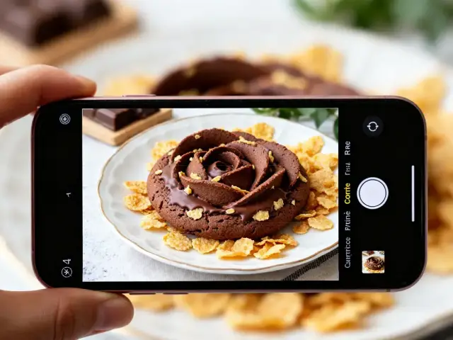 Main photographiant une véritable recette de la rose des sables au chocolat et céréales
