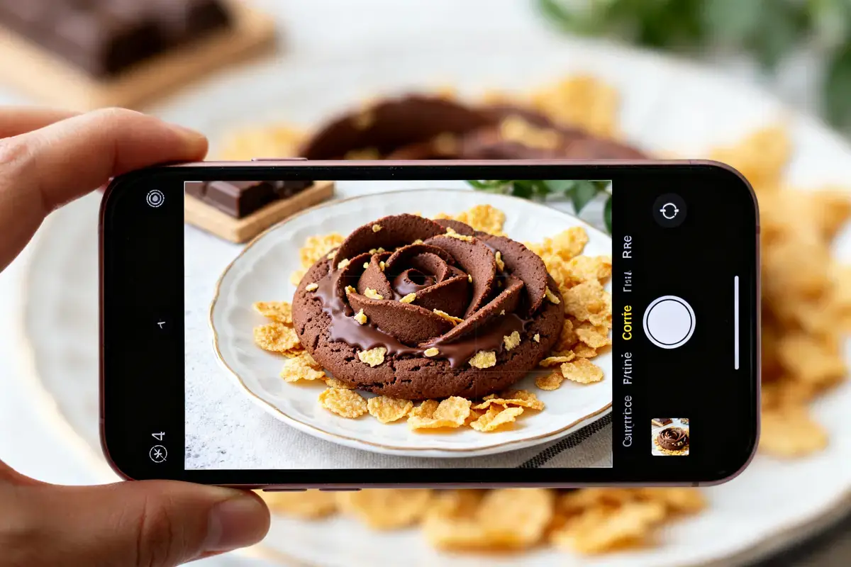 Main photographiant une véritable recette de la rose des sables au chocolat et céréales