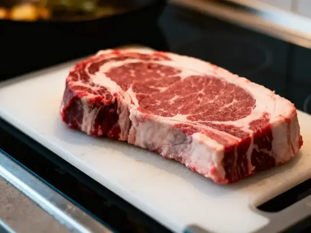 Tranche épaisse de bœuf marbrée posée sur une planche à découper blanche en cuisine.